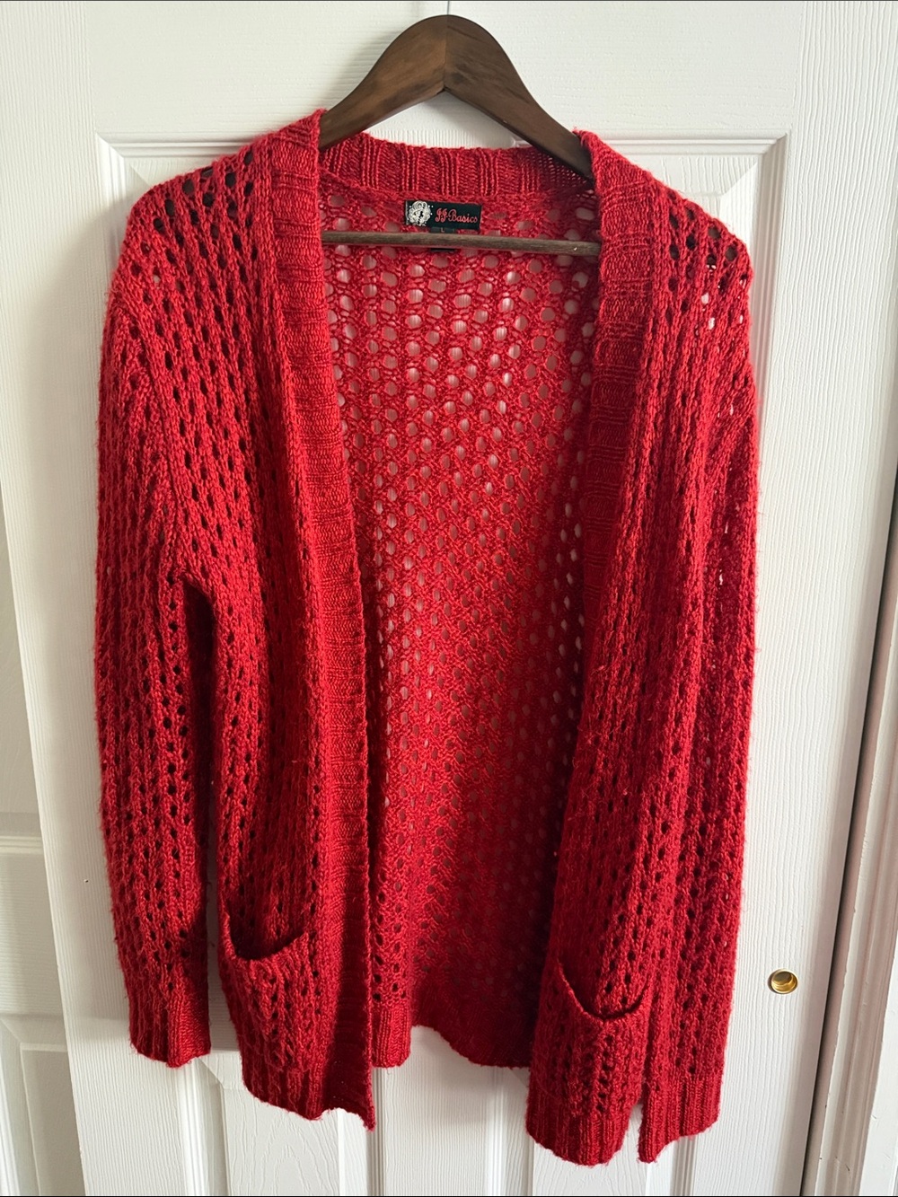 Open-Knit Red Women's Cardigan with Front Pockets